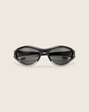 Bonnie Clyde Angel black curved TR90 sunglasses with black lenses, face view.