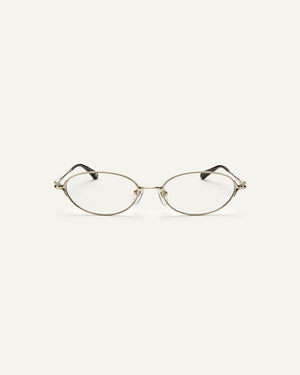 Face shot of Bonnie Clyde Bunny eyeglasses in titanium silver with brown acetate and clear lenses. 