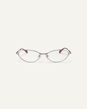 Face shot of Bonnie Clyde Intro eyeglasses in purple titanium frames with dark purple acetate details and clear lenses.