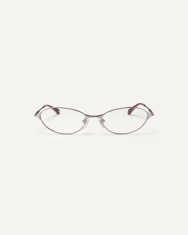 Face shot of Bonnie Clyde Intro eyeglasses in purple titanium frames with dark purple acetate details and clear lenses.