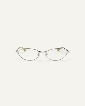 Face shot of Bonnie Clyde Intro eyeglasses in silver titanium frames with green acetate details and clear lenses.