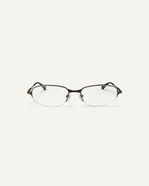 Face shot of Bonnie Clyde Outro eyeglasses in gunmetal titanium frames with black acetate details and clear lenses.
