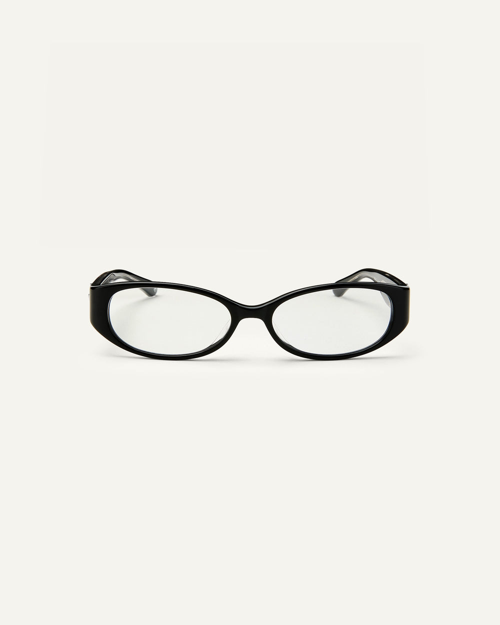 Face shot of Bonnie Clyde Precious eyeglasses in black frames with clear lenses.